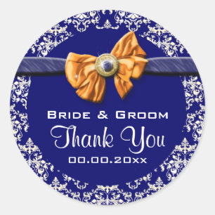 Blue white orange damask elegant classic round sticker