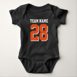 Blue White Orange Football Sports Baby Romper Baby Bodysuit<br><div class="desc">Cute football jersey bodysuit for baby. Mum and dad love sports. It's only natural the baby should too. Cute baby bodysuit in navy blue, white and orange. You can customise the name and player number on the front and back of the jersey. Not just for football fans. Any type of...</div>