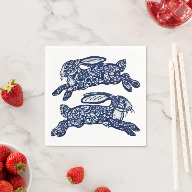 Blue & White Oriental Rabbits Bunny Delft Dedham Napkin (Insitu)