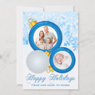 Blue, White Ornaments Happy Holidays Photo Card
