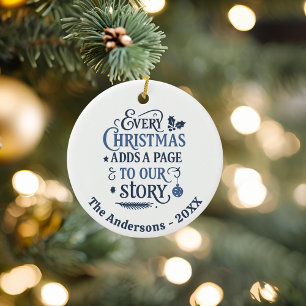 Blue white our story typography Christmas Ceramic Tree Decoration
