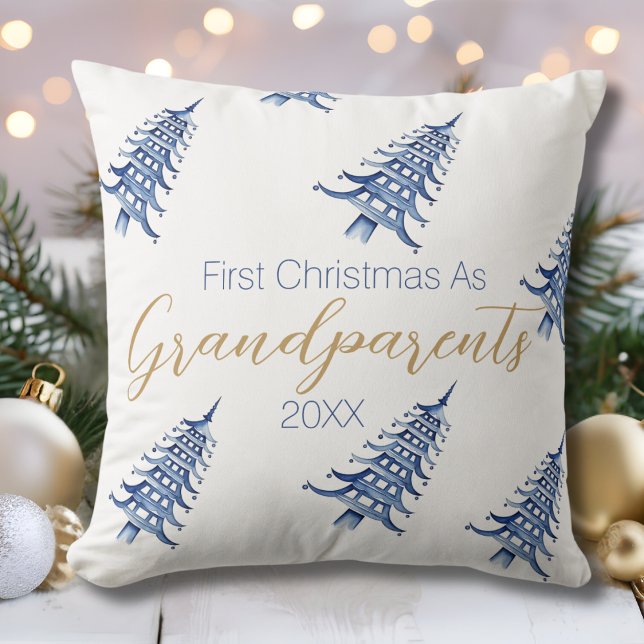 Blue  White Pagoda Christmas Tree First Christmas Cushion (Blue White Pagoda Christmas Tree First Christmas Throw Pillow)
