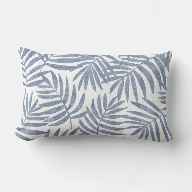 Blue & White Palm Leaf Lumbar Pillow (Front)