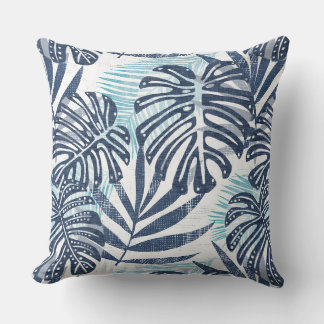 Blue & White Palm Leaf Throw Pillow