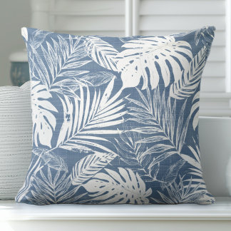 Blue & White Palm Leaf Throw Pillow