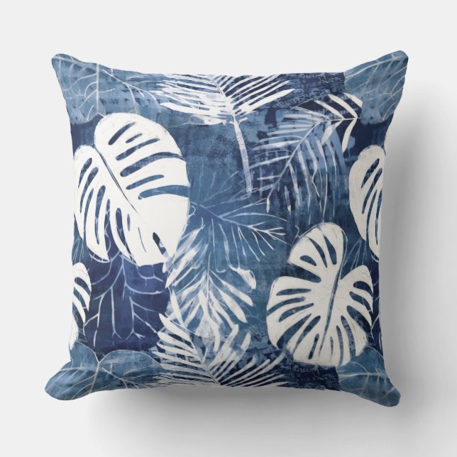 Blue White Palm Leaves Throw Pillow (Front)