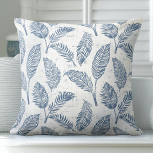 Blue & White Palm Leaves Throw Pillow