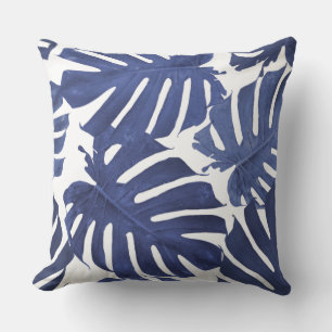 Blue & White Palm Tropical Leaves Pattern Cushion