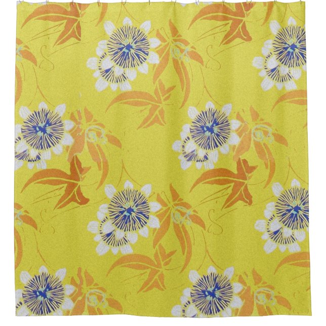 BLUE WHITE PASSION FLOWERS,ORANGE LEAVES IN YELLOW SHOWER CURTAIN (Front)
