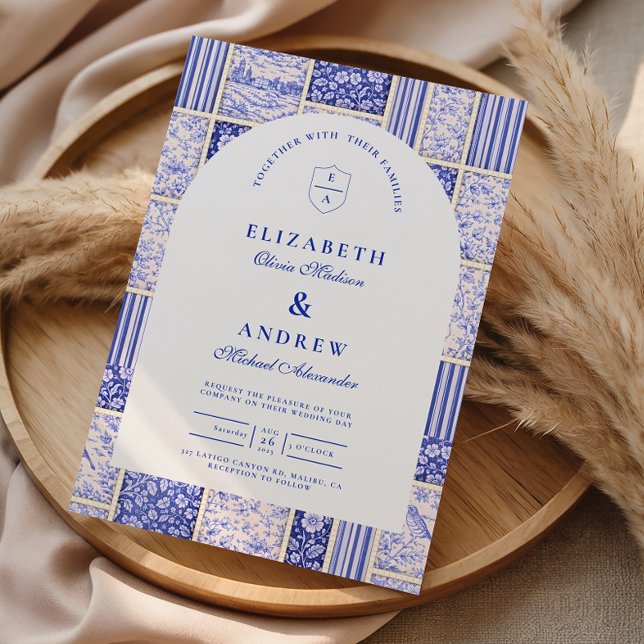 Blue White Patchwork Toile Wedding Invitation (Creator Uploaded)