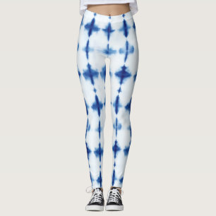 Blue White Pattern Shibori Indigo Blue Tie Dye Leggings
