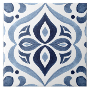 Blue & White Patterned Watercolor Mediterranean Tile