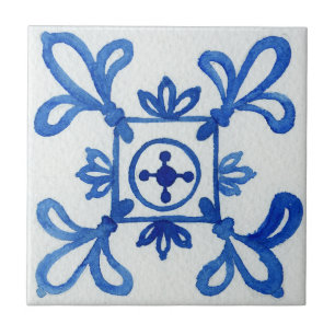Blue & White Patterned Watercolor Mediterranean Tile