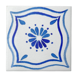 Blue & White Patterned Watercolor Mediterranean Tile