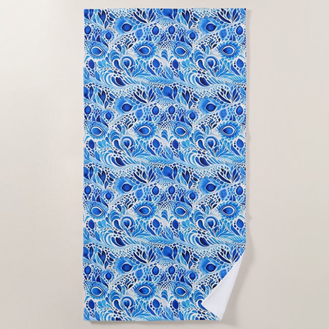 Blue White Peacock Feathers Beach Towel (Front)