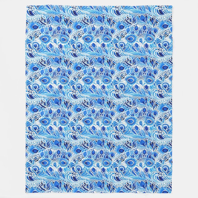 Blue White Peacock Feathers Christmas Fleece Blanket (Front)