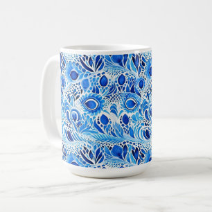 Blue White Peacock Feathers Coffee Mug