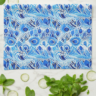 Blue White Peacock Feathers Tea Towel