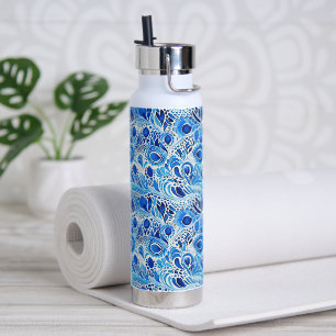 Blue White Peacock Feathers Water Bottle