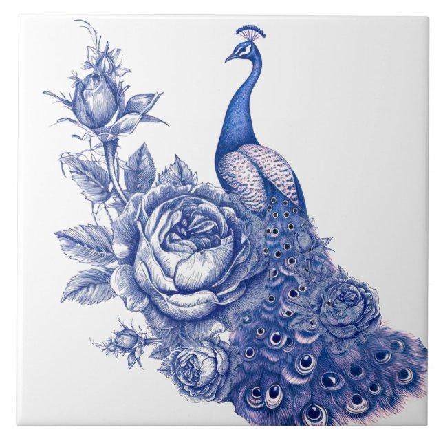 Blue White Peacock Rose  Tile (Front)