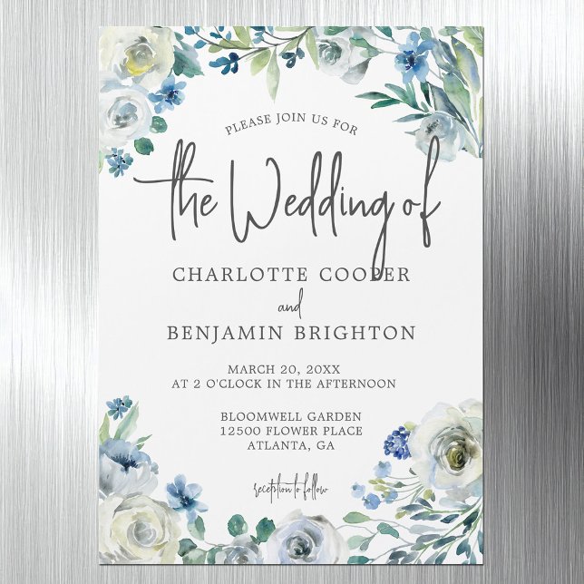 Blue White Peony Floral Chic Spring Garden Wedding Magnetic Invitation (Creator Uploaded)