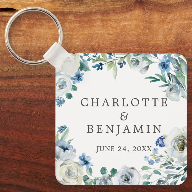 Blue White Peony Floral Custom Spring Wedding Key Ring (Front)