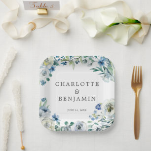 Blue White Peony Floral Custom Spring Wedding Paper Plate