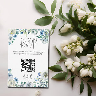 Blue White Peony Floral Spring Wedding QR Code RSVP Card