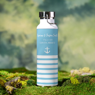 Blue White Personalised Destination Wedding Favour Water Bottle