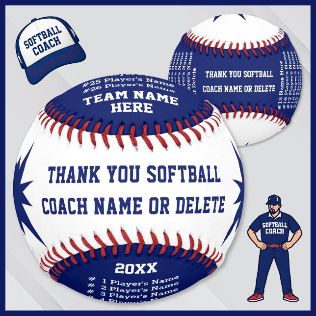 Blue, White Personalised Softball Coach Gifts (Unique softball coaches gifts. Personalized softball coach gifts with all players, coach name.)