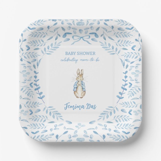 Blue White Peter the Rabbit Beatrix Baby Shower  Paper Plate (Front)