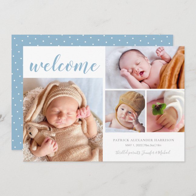 Blue White Photo Collage Baby Boy Welcome Birth  A Announcement (Front/Back)