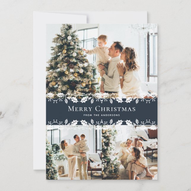 Blue White Photo Collage Merry Christmas Card (Front)