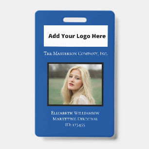 Blue White Photo Logo Barcode Employee  ID Badge