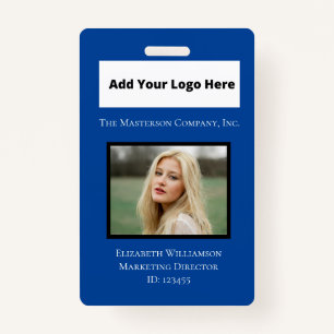 Blue White Photo Logo Barcode Employee  ID Badge