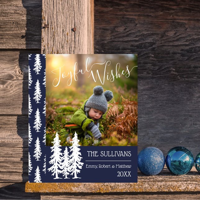 Blue | White Pine Trees Photo Joyful Wishes Holiday Card (Creator Uploaded)
