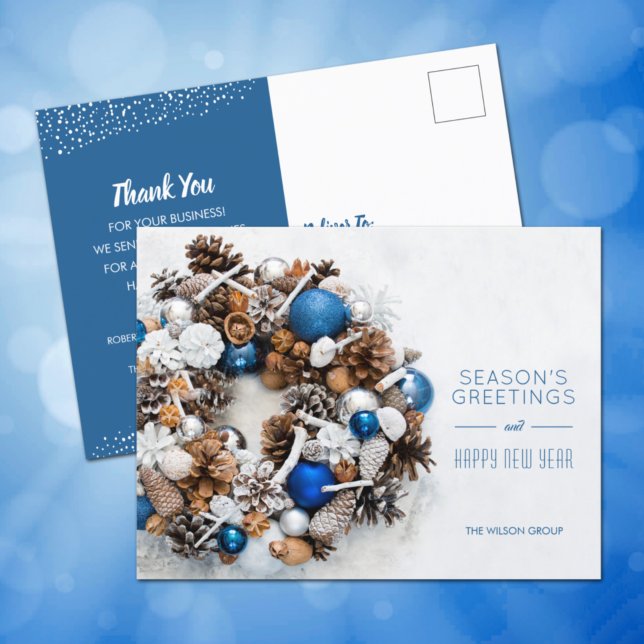 Blue White Pine Wreath Business Christmas Holiday Postcard (Creator Uploaded)