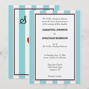 Blue White Pink Beachy Stripes Wedding Monogram Invitation
