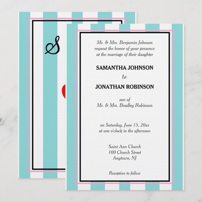Blue White Pink Beachy Stripes Wedding Monogram Invitation (Front/Back)