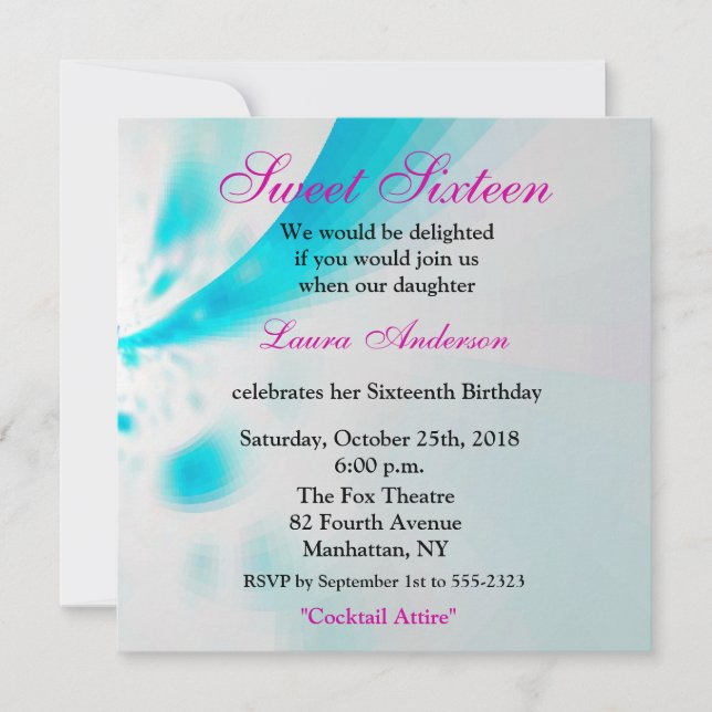 Blue-White-Pink Modern Floral Abstract Sweet 16th Invitation (Front)