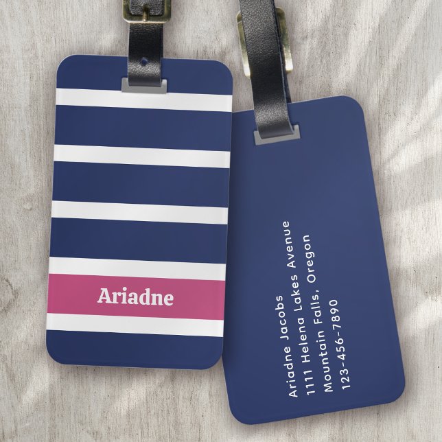 Blue White Pink Striped Monogram Luggage Tag (Creator Uploaded)