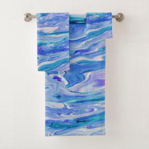 Blue White Pink Teal Lilac Marble Agate Abstract Bath Towel Set