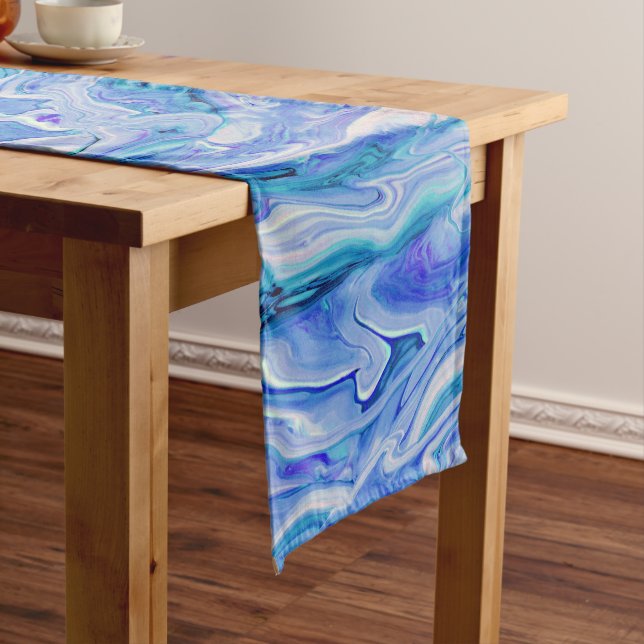 Blue White Pink Teal Lilac Marble Agate Abstract Short Table Runner (In Situ)