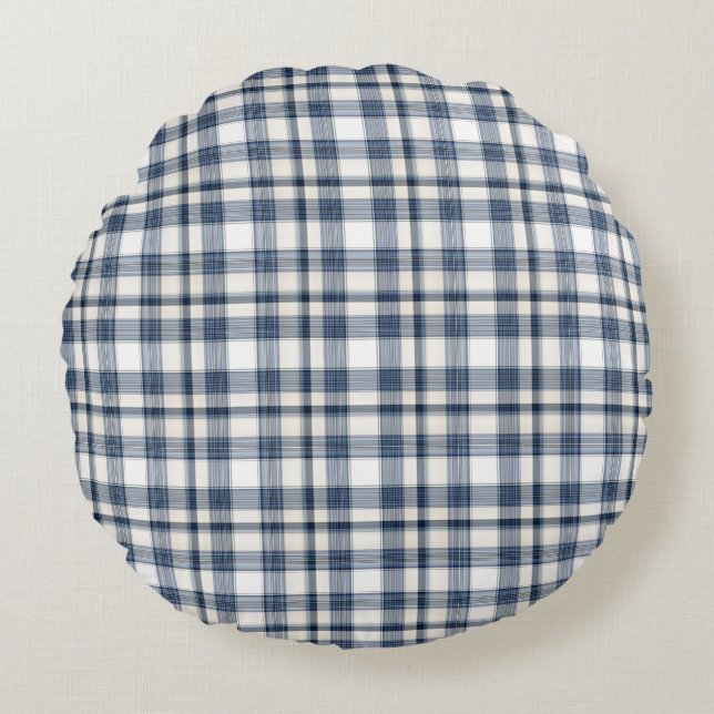 Blue White Plaid 1 Round Cushion (Front)