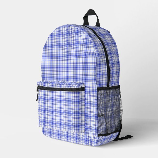 Blue White Plaid 2 Printed Backpack (Back Corner Right)