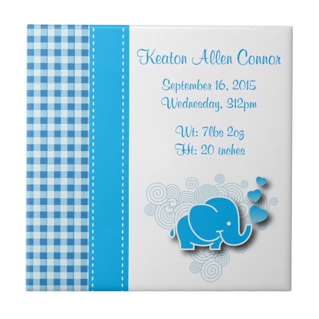 Blue & White Plaid Baby Elephant Birth Information Tile (Front)