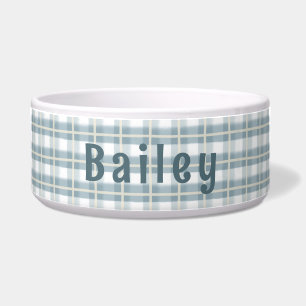 Blue & White Plaid Customisable Ceramic Dog Bowl
