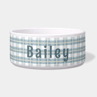 Blue & White Plaid Customisable Ceramic Dog Bowl