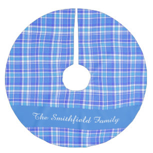 Blue White Plaid Family Name Custom Christmas Brushed Polyester Tree Skirt
