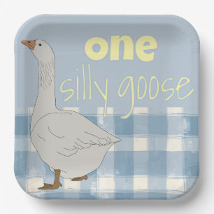 Blue & White Plaid One Silly Goose  Paper Plate